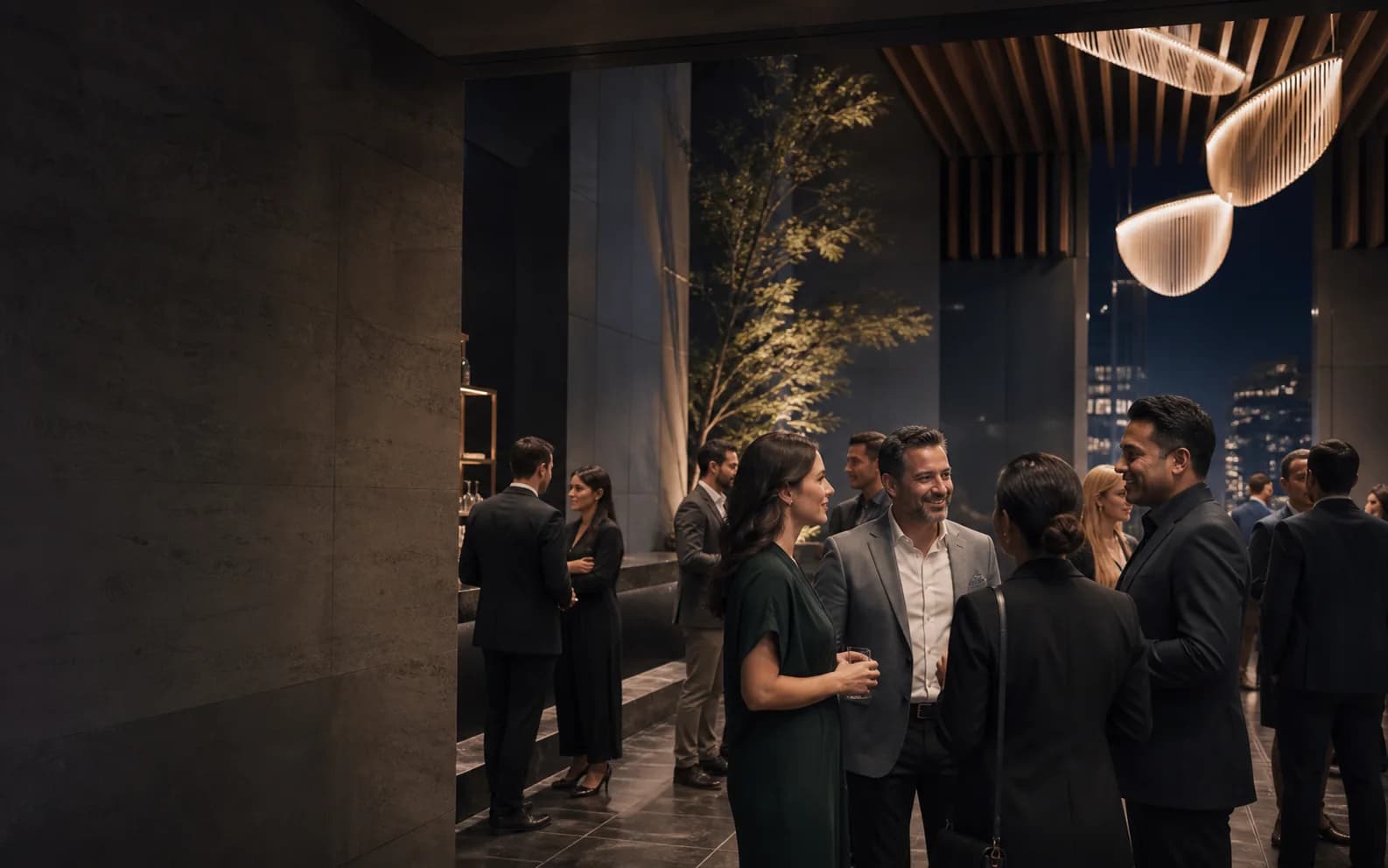 Colleagues talking at an evening event in a modern architectural venue